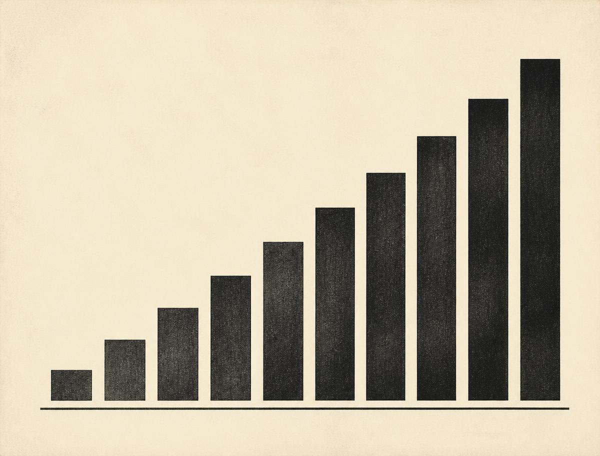 Abstract artwork of ascending charcoal bars on ivory, representing content growth and marketing