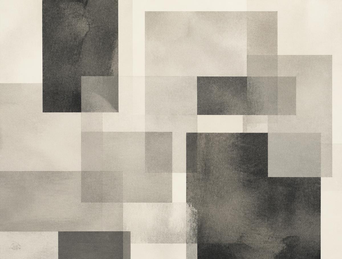 Abstract artwork of overlapping translucent grey rectangles, representing a moodboard and visual direction