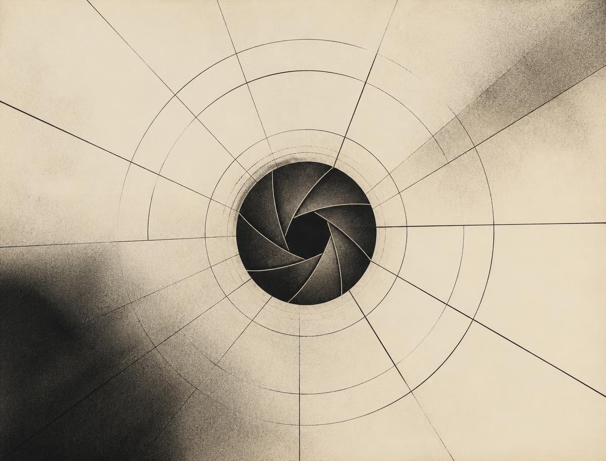Abstract charcoal artwork of a lens aperture with radiating lines, representing photography and video